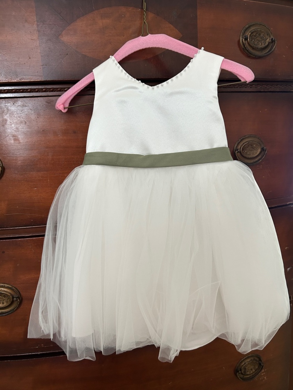 Ivory Tulle Flower Girl Dress with Green Sash
